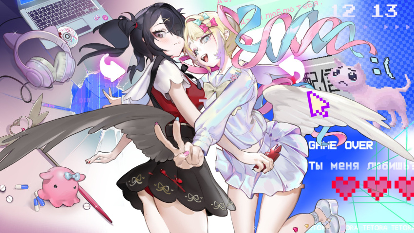 2girls 666666ttr ame-chan_(needy_girl_overdose) arrow_(symbol) black_hair black_ribbon black_skirt blonde_hair blood blood_on_clothes blue_bow blue_eyes blue_footwear blue_hair blue_serafuku bow cd chouzetsusaikawa_tenshi-chan collared_shirt computer cowboy_shot cursor eyes_visible_through_hair feathered_wings grey_eyes grey_wings hair_bow hair_ornament hair_over_one_eye heart heart_hair_ornament highres holding holding_phone laptop leaning_forward long_hair long_sleeves looking_at_viewer looking_back low_wings multicolored_hair multicolored_nails multiple_girls neck_ribbon needy_girl_overdose octopus open_mouth panties pantyshot phone pien_cat_(needy_girl_overdose) pill pink_bow pink_hair pixel_heart pleated_skirt purple_hair quad_tails red_panties red_shirt ribbon school_uniform serafuku shirt single_wing skirt smile standing standing_on_one_leg suspender_skirt suspenders twintails underwear unworn_headphones upskirt v very_long_hair wand white_wings wings x_hair_ornament yellow_bow
