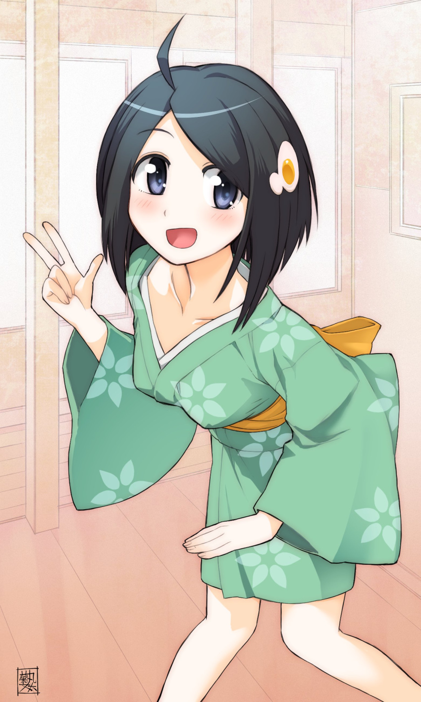 1girl :d absurdres ahoge araragi_tsukihi artist_name black_hair blush bob_cut breasts collarbone commentary egg_hair_ornament feet_out_of_frame floral_print food-themed_hair_ornament fried_egg hair_ornament hand_up highres japanese_clothes kikumaru_bunta kimono knees_together_feet_apart leaning_forward looking_at_viewer looking_to_the_side medium_breasts monogatari_(series) nisemonogatari obi open_mouth purple_eyes raised_eyebrows sash short_hair short_kimono signature smile solo standing swept_bangs translated w wide_sleeves window wooden_floor yellow_sash