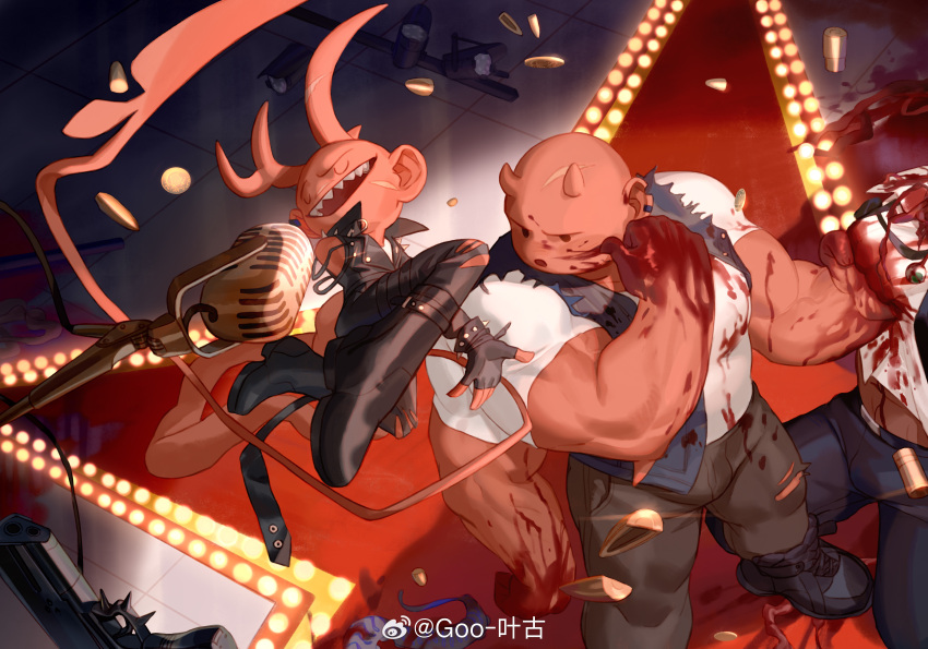 2boys absurdres bald bara battle blood blood_on_face coin forearms from_above goo_(koushishikou11) highres large_pectorals male_focus microphone multiple_boys muscular muscular_male music original pants pectorals red_carpet sifu_(goo) silu_(goo) singing smearing standing thick_thighs thighs