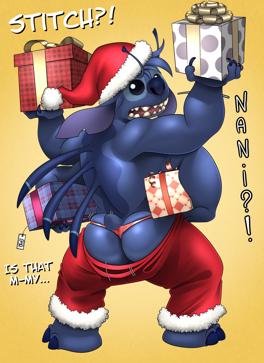 2023 4_arms 4_fingers absurd_res alien antennae_(anatomy) anthro anthrofied back_markings back_spines backsack balls barely_visible_balls barely_visible_genitalia biped blue_body blue_claws blue_fur blue_nose bottomwear bubble_butt butt christmas christmas_clothing christmas_headwear claws clothing dialogue digital_drawing_(artwork) digital_media_(artwork) dipstick_antennae disney ears_down english_text experiment_(lilo_and_stitch) exposed_butt finger_claws fingers frown fur genitals gift gift_box gift_tag gradient_background hat headgear headwear hi_res holding_gift holding_object holidays lilo_and_stitch looking_at_viewer looking_back looking_back_at_viewer male markings motion_lines multi_arm multi_limb multicolored_antennae notched_ear offscreen_character open_frown open_mouth pants pivoted_ears rear_view red_bottomwear red_clothing red_pants red_thong red_underwear santa_hat shaded shocked simple_background small_tail soft_shading solo standing stitch_(lilo_and_stitch) tail text thong toe_claws tush underwear yellow_background