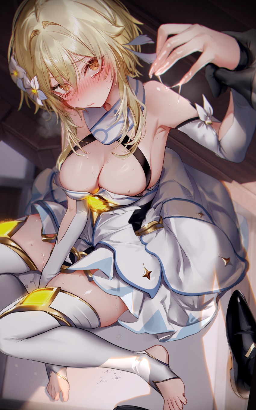 1girl absurdres arm_grab black_footwear blonde_hair blush breasts crying crying_with_eyes_open detached_sleeves dress flower from_above genshin_impact hair_flower hair_ornament highres implied_masturbation large_breasts looking_at_viewer looking_up lumine_(genshin_impact) out_of_frame pottsness shoes short_hair_with_long_locks sidelocks sitting stirrup_legwear suggestive_fluid tartaglia_(genshin_impact) tears thighhighs toeless_legwear toenails wariza white_dress white_thighhighs
