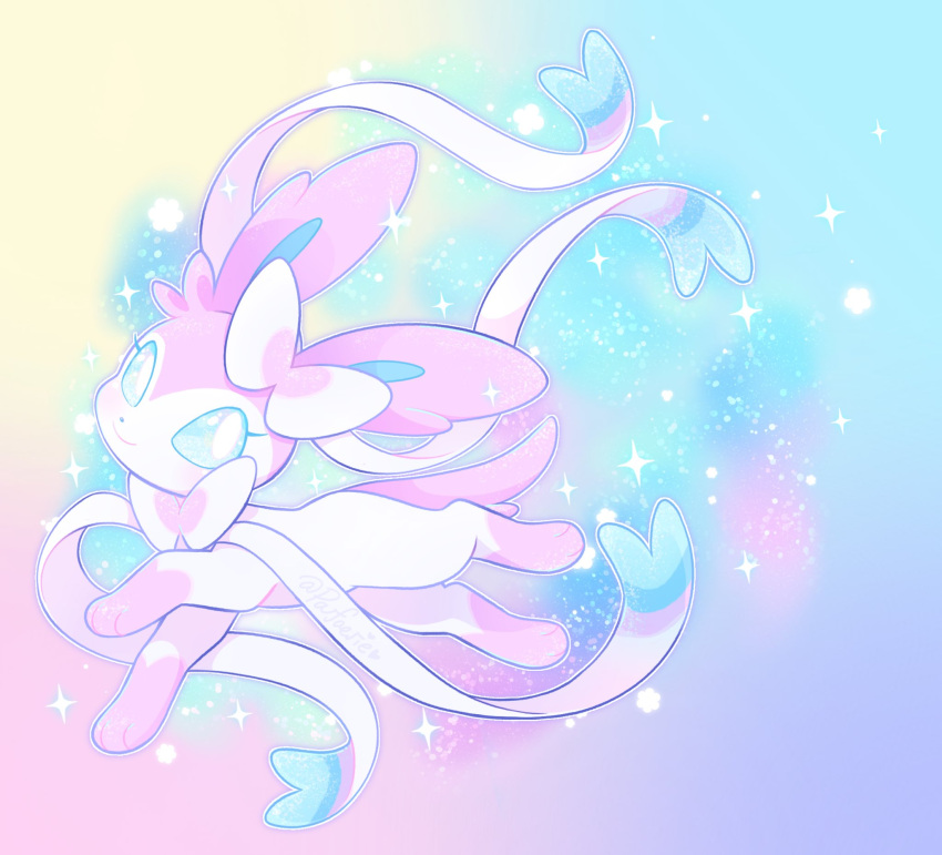 artist_name blue_background blue_eyes blush bright_pupils closed_mouth commentary english_commentary eyelashes flower_(symbol) heart highres looking_at_viewer multicolored_background no_humans parfaerie pink_background pokemon pokemon_(creature) purple_background simple_background smile solo sparkle sylveon twitter_username white_pupils yellow_background
