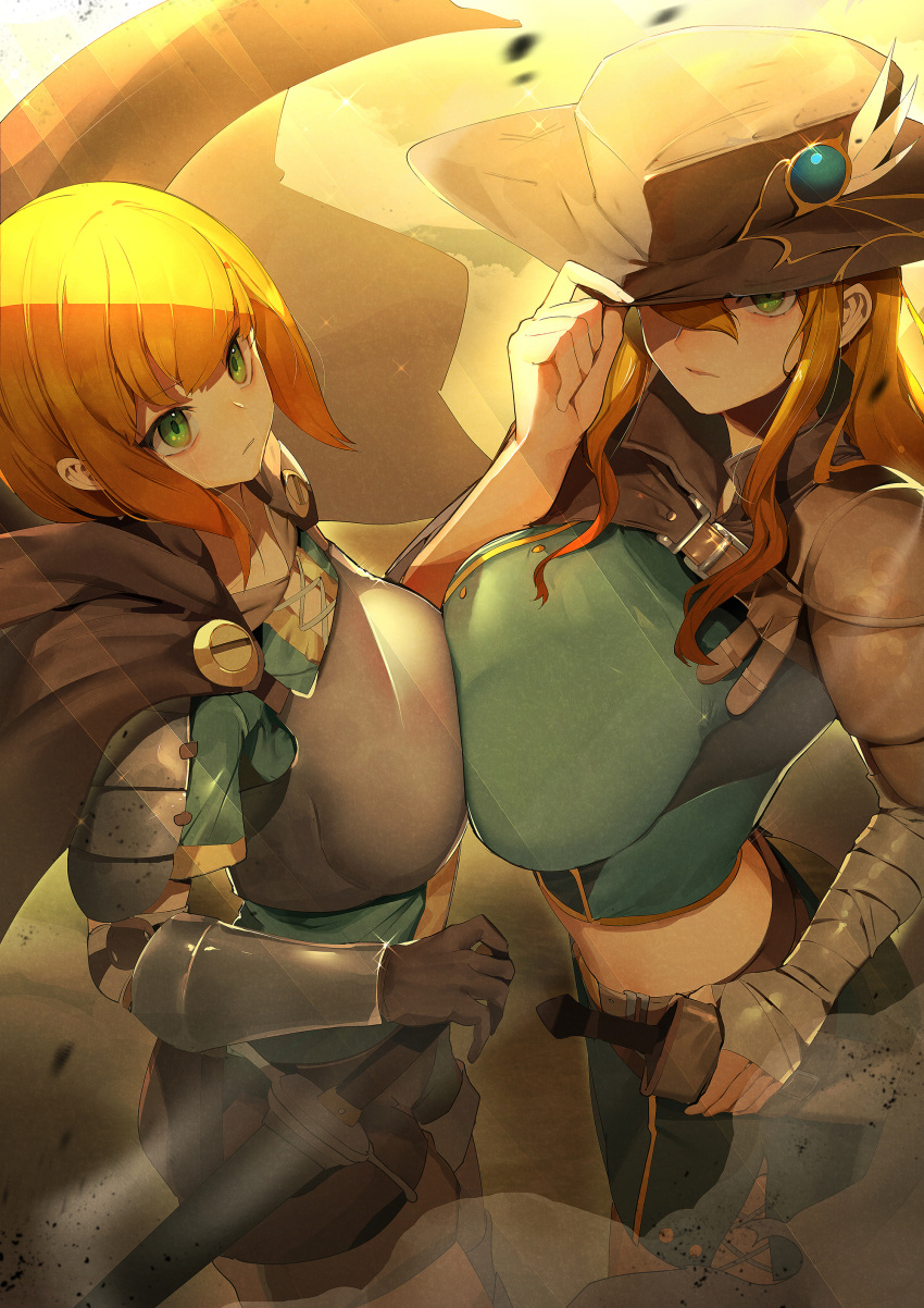 2girls absurdres armor bandaged_arm bandages belt belt_skirt black_gloves blonde_hair breast_press breasts cape closed_mouth commission cowboy_hat crop_top duel_monster gloves green_eyes hat hat_tip highres large_breasts midriff multiple_girls pixiv_commission plate_armor ro_g_(oowack) rookie_warrior_lady serious sheath sheathed sparkle standing sword symmetrical_docking warrior_lady_of_the_wasteland weapon yu-gi-oh! yuri