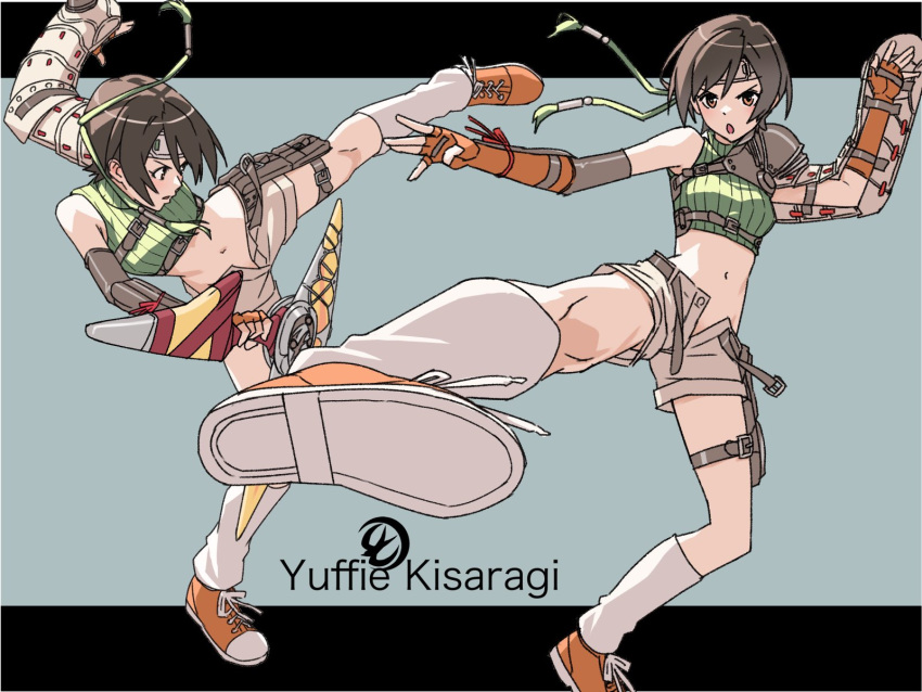 1girl armor belt black_hair boomerang crop_top decoponmagi final_fantasy final_fantasy_vii final_fantasy_vii_rebirth final_fantasy_vii_remake fingerless_gloves forehead_protector gloves highres kicking open_belt open_fly orange_gloves shoes short_hair shoulder_armor sleeveless sleeveless_turtleneck sneakers turtleneck yuffie_kisaragi