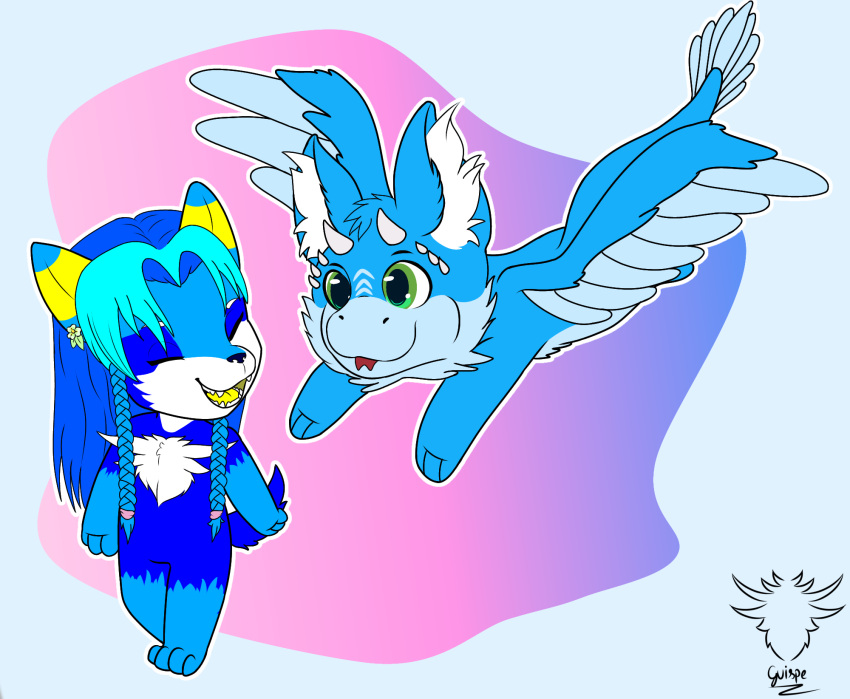 2024 anthro blue_body braided_hair canid canine canis chibi cute_expression cute_eyes digital_drawing_(artwork) digital_media_(artwork) dragon duo ear_piercing ear_ring eyes_closed flying fur guispe_(guispe_opockjha) guispe_opockjha hair hi_res horn hybrid luke_arwolf male male/male mammal mythological_creature mythological_scalie mythology piercing ring_piercing scalie signature simple_background smile tail tongue walking watermark wings wolf yellow_tongue