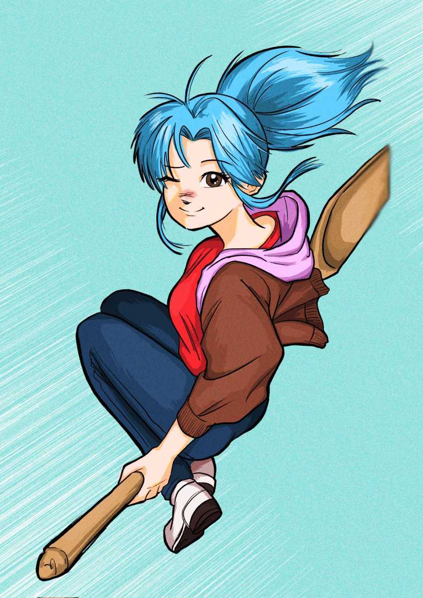 1girl blue_hair botan_(yu_yu_hakusho) breasts broom broom_riding brown_eyes brown_jacket closed_mouth denim full_body highres jacket jeans long_hair looking_at_viewer one_eye_closed pants ponytail smile solo yu_yu_hakusho