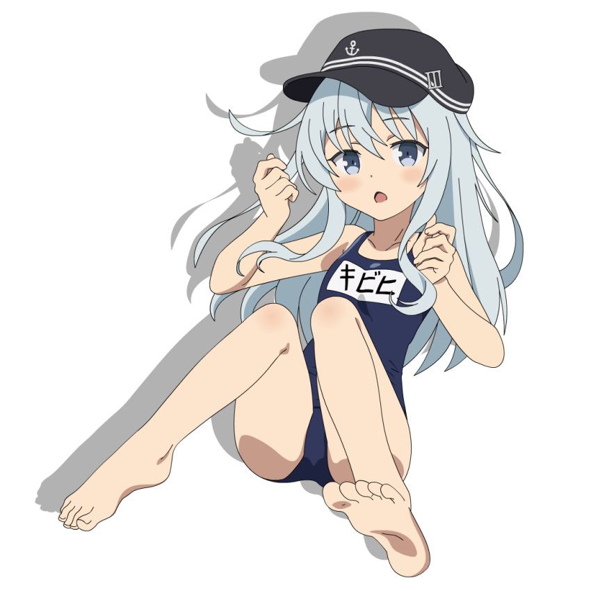 1girl anchor_symbol bare_arms bare_legs bare_shoulders barefoot black_headwear black_one-piece_swimsuit blue_eyes blush flat_cap full_body grey_hair hair_between_eyes hat hibiki_(kancolle) kantai_collection long_hair name_tag one-piece_swimsuit open_mouth school_swimsuit simple_background soles solo sugapi swimsuit toes white_background