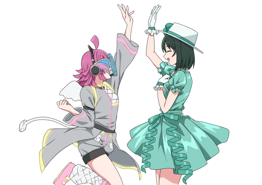 2girls absurdres ahoge clenched_hand closed_eyes commentary_request covered_face dress emotion_(love_live!) fake_wings from_side gloves green_dress green_hair grey_jacket grey_shorts hat high_five highres jacket long_sleeves looking_at_another love_live! love_live!_nijigasaki_high_school_idol_club medium_hair mifune_shioriko multiple_girls open_mouth pink_footwear pink_hair puffy_short_sleeves puffy_sleeves rina-chan_board shoes short_hair short_sleeves shorts tail taiyakippassion tennouji_rina tsunagaru_connect_(love_live!) upper_body white_background white_gloves white_headwear wings