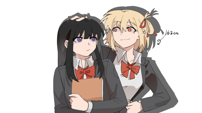 2girls black_hair black_jacket blonde_hair book bright_pupils chinese_commentary closed_mouth collared_shirt commentary_request hair_ribbon headpat height highres holding holding_book hugging_book hugging_object inoue_takina jacket long_hair long_sleeves looking_at_another lycoris_recoil medium_hair multiple_girls nishikigi_chisato one_side_up open_clothes open_jacket orange_eyes purple_eyes red_ribbon ribbon school_uniform shadow shirt simple_background smile upper_body white_background white_pupils white_shirt yanlingjinshilihuahua