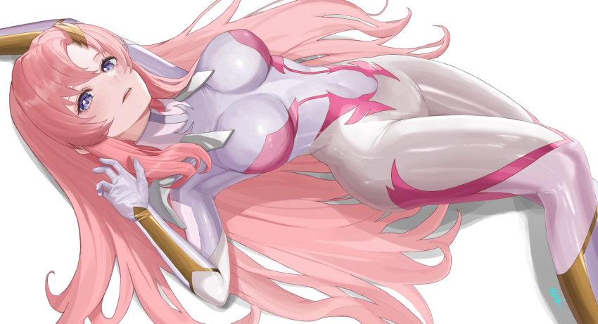 1girl asurada_yui blue_eyes breasts gundam gundam_seed gundam_seed_freedom hair_ornament hairclip highres lacus_clyne large_breasts long_hair looking_at_viewer lying open_mouth pilot_suit pink_hair purple_eyes skin_tight solo very_long_hair