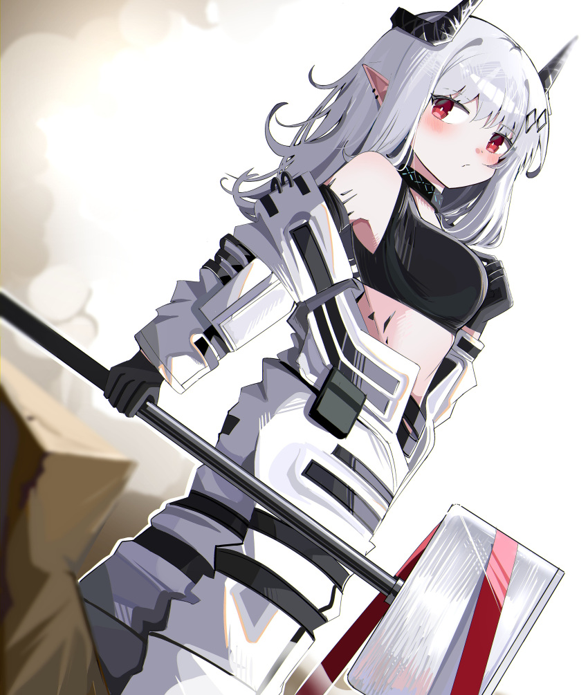 1girl absurdres arknights bare_shoulders black_gloves blurry blurry_foreground blush breasts closed_mouth commentary_request depth_of_field dutch_angle gloves grey_hair hair_ornament hammer hand_up highres holding holding_hammer horns jumpsuit long_hair medium_breasts mudrock_(arknights) off_shoulder open_jumpsuit pointy_ears red_eyes sledgehammer solo spam_(spamham4506) standing twisted_torso white_jumpsuit