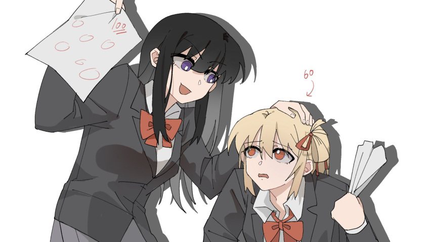2girls black_hair black_jacket blonde_hair bright_pupils chinese_commentary collared_shirt commentary_request grey_skirt hair_ribbon highres holding holding_paper inoue_takina jacket long_hair long_sleeves looking_at_another lycoris_recoil medium_hair multiple_girls nishikigi_chisato one_side_up open_mouth orange_eyes paper parted_lips pleated_skirt purple_eyes red_ribbon ribbon school_uniform shadow shirt simple_background skirt smirk test_score_(paper) white_background white_pupils white_shirt yanlingjinshilihuahua