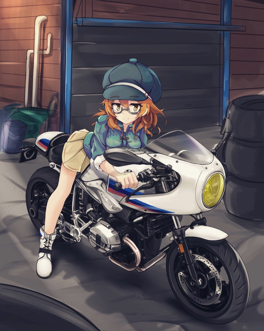 1girl ankle_boots araki_hina blue_headwear blue_jacket boots breasts brown_eyes brown_hair brown_skirt cabbie_hat closed_mouth dora_(dr3032) dot_nose fur-trimmed_sleeves fur_trim garage glasses grey-framed_eyewear hat highres idolmaster idolmaster_cinderella_girls idolmaster_cinderella_girls_starlight_stage indoors jacket leaning_forward long_sleeves looking_at_viewer medium_breasts messy_hair miniskirt motor_vehicle motorcycle pleated_skirt riding semi-rimless_eyewear short_hair skirt smile solo stone_floor tire under-rim_eyewear white_footwear window_shutter