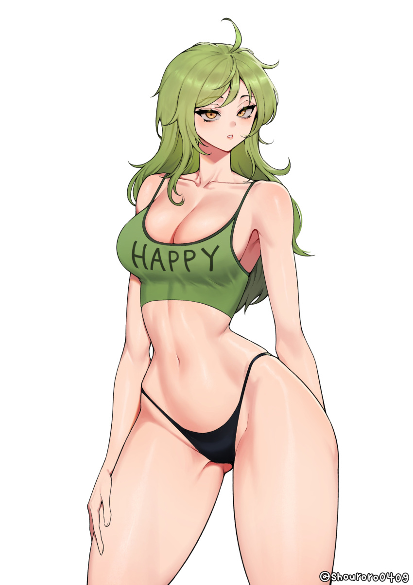 1girl artist_name black_panties breasts cleavage collarbone crop_top curvy english_commentary green_hair highres large_breasts light_blush lips long_hair looking_at_viewer monet_(one_piece) navel one_piece panties parted_lips shouroro simple_background solo tank_top teeth thighs thong underwear white_background wide_hips yellow_eyes