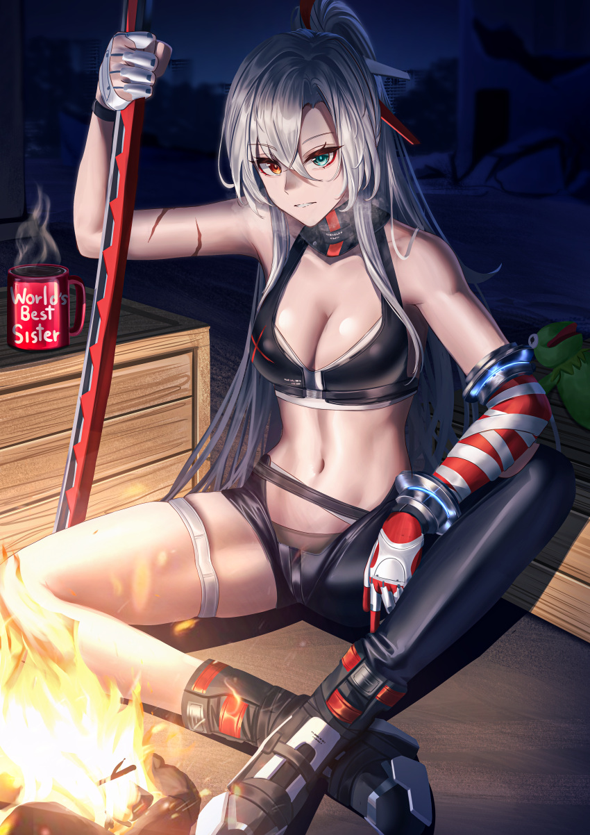 1girl absurdres alpha_(punishing:_gray_raven) asymmetrical_clothes asymmetrical_gloves bare_shoulders black_footwear black_pants blue_eyes boots breasts campfire cleavage commentary crate crop_top cup elbow_gloves gloves grey_hair heterochromia highres holding long_hair looking_at_viewer manjo_(warito) medium_breasts midriff mismatched_gloves mug navel pants punishing:_gray_raven single_pantsleg solo stomach symbol-only_commentary thigh_strap very_long_hair
