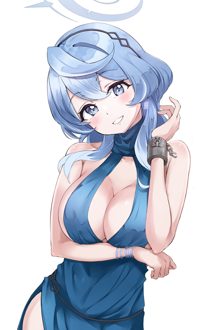 1girl absurdres ako_(blue_archive) ako_(dress)_(blue_archive) arm_under_breasts bare_shoulders blue_archive blue_dress blue_eyes blue_hair blush breasts cuffs dress evening_gown halo hato_maron head_tilt highres large_breasts looking_at_viewer shackles sideless_dress smile solo