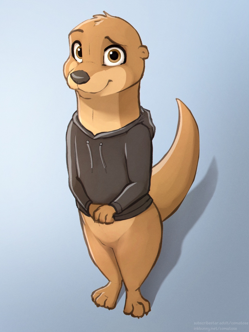 2024 3:4 absurd_res anthro black_clothing black_hoodie black_topwear bottomless claws clothed clothing comatose countershade_neck countershading eyebrows fingers fur hi_res hoodie hoodie_only iris looking_at_viewer mammal mustelid otter pupils shadow solo topwear topwear_only
