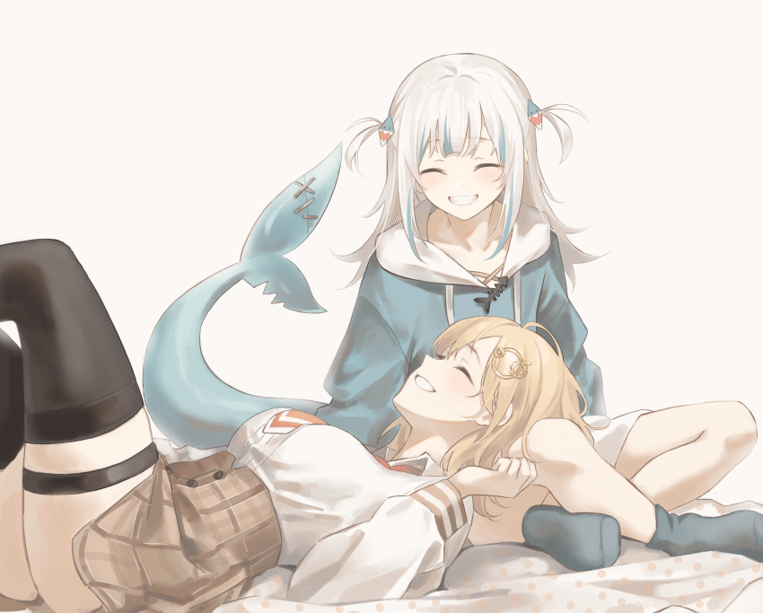 2girls absurdres black_socks black_thighhighs blonde_hair blue_hair blue_hoodie bob_cut breasts brown_skirt closed_eyes collared_shirt commentary cowboy_shot fins fish_tail foot_out_of_frame gawr_gura gawr_gura_(1st_costume) grey_hair grin hair_ornament high-waist_skirt highres hololive hololive_english hood hood_down hoodie indian_style kyoko_(zeprii4) lap_pillow long_hair long_sleeves lying medium_breasts medium_hair miniskirt multicolored_hair multiple_girls necktie no_shoes on_back open_mouth plaid plaid_skirt red_necktie shark_girl shark_hair_ornament shark_tail shirt sidelocks simple_background sitting skirt smile socks streaked_hair symbol-only_commentary tail teeth thigh_strap thighhighs two_side_up virtual_youtuber watson_amelia watson_amelia_(1st_costume) white_background white_shirt