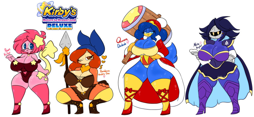 &lt;3 anthro avian bandana_waddle_dee bandanna big_breasts bird blue_body blue_eyes blue_hair boots bottomwear bra breasts cape cleavage clothed clothing crossgender crouching dress english_text eyewear female footwear glasses group hair half-closed_eyes hi_res high_heeled_boots high_heels huge_breasts huge_hips huge_thighs humanoid kerchief king_dedede kirby kirby's_return_to_dream_land kirby's_return_to_dream_land_deluxe kirby_(series) legwear leotard lewdchuu_(artist) looking_at_viewer mask melee_weapon meta_knight mtf_crossgender multicolored_body narrowed_eyes nintendo one_eye_closed orange_hair overalls penguin pink_body pink_hair polearm pyon_(lewdchuu) robe shorts shoulder_pads spear text thick_thighs thigh_highs two_tone_body underwear waddle_dee weapon wide_hips wink yellow_eyes