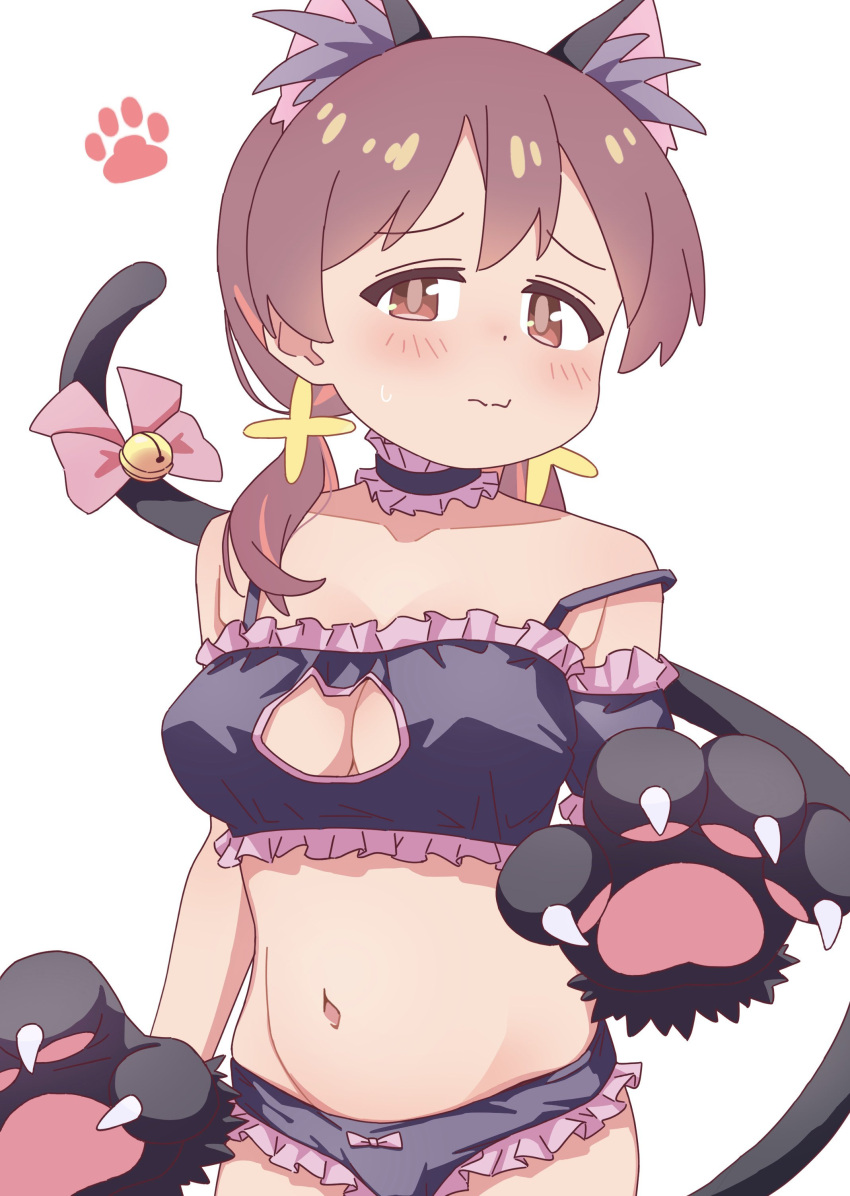 1girl absurdres animal_ear_fluff animal_ears animal_hands bare_arms bell black_bra black_choker black_panties blush bow bow_panties bra breasts brown_eyes brown_hair cat_cutout cat_day cat_ears cat_lingerie cat_tail choker claws cleavage_cutout clothing_cutout collarbone commentary cosplay dot_nose embarrassed frilled_bra frilled_choker frilled_panties frills gloves highres jingle_bell large_breasts long_hair looking_at_viewer low_twintails meme_attire multicolored_hair murosaki_miyo navel nuurise2023 onii-chan_wa_oshimai! oyama_mahiro oyama_mahiro_(cosplay) panties paw_gloves paw_print pink_bow red_hair simple_background solo stomach strap_slip tail tail_bell tail_bow tail_ornament twintails two-tone_hair underwear wavy_mouth white_background