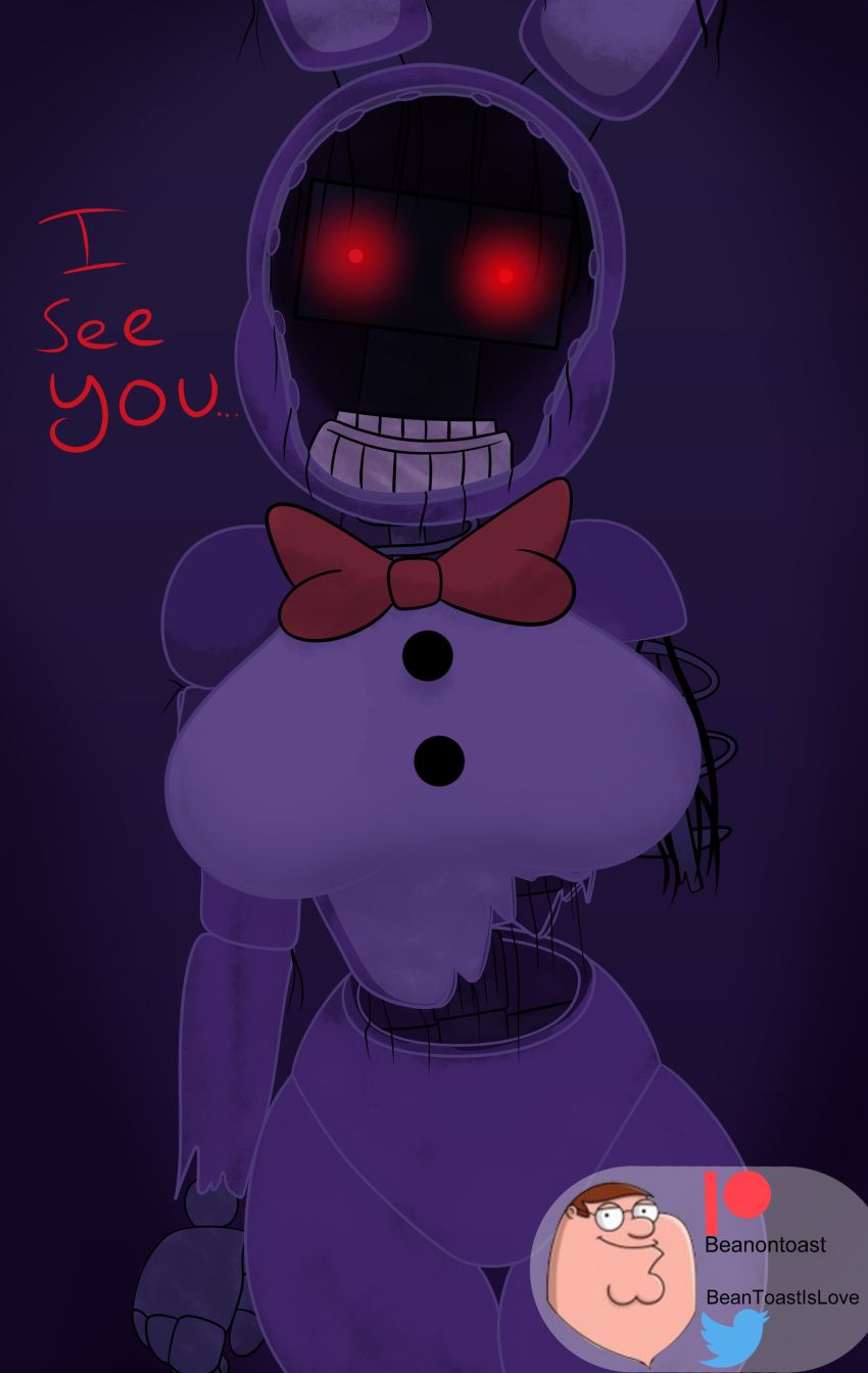 1_arm 2023 4_fingers absurd_res animatronic anthro artist_name beanontoast big_breasts bow_tie breasts crossgender curvy_figure dialogue digital_drawing_(artwork) digital_media_(artwork) english_text featureless_breasts female fingers five_nights_at_freddy's five_nights_at_freddy's_2 glowing glowing_eyes hi_res lagomorph leporid looking_at_viewer machine mammal mtf_crossgender purple_body rabbit red_eyes robot scottgames segmented_arms segmented_body simple_background solo talking_to_viewer text voluptuous watermark withered_bonnie_(fnaf)