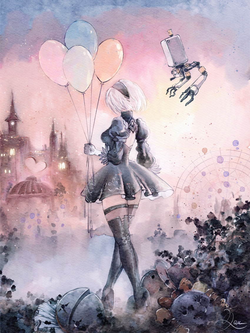 1girl 2b_(nier:automata) absurdres amusement_park balloon black_dress black_footwear black_hairband boots commentary dress english_commentary floating full_body gloves hairband high_heel_boots high_heels highres holding holding_balloon lapetitedaudau nier:automata nier_(series) non-humanoid_robot pod_(nier:automata) puffy_sleeves robot short_hair solo standing thigh_boots thighhighs thighhighs_under_boots white_gloves white_hair