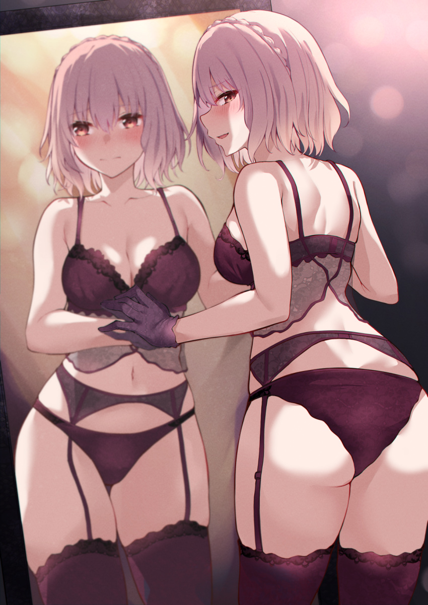 1girl ass black_bra black_garter_belt black_gloves black_panties black_thighhighs blush bra braid breasts cleavage closed_mouth collarbone commentary_request commission crown_braid date_a_live different_reflection fluegel_(kaleido_scope-710) from_behind garter_belt gloves highres looking_at_viewer looking_back medium_breasts mirror navel panties parted_lips pink_eyes pink_hair pixiv_commission reflection solo sonogami_rinne standing thighhighs underwear underwear_only