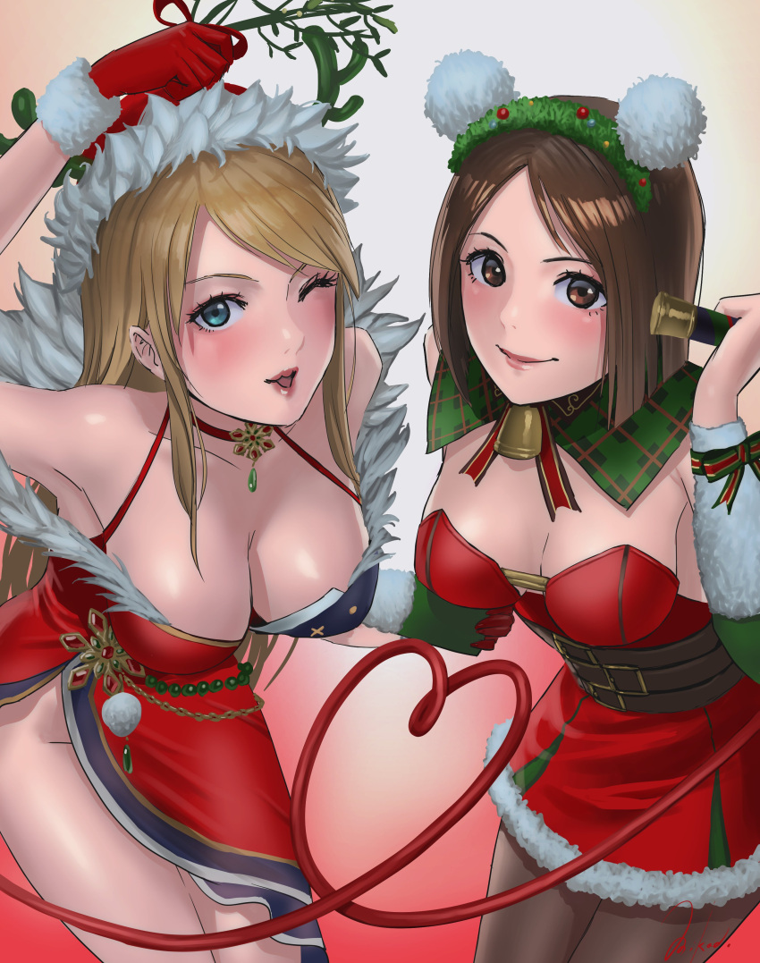 2girls absurdres bare_shoulders blonde_hair breasts brown_hair choker christmas cleavage cowboy_shot dress fatal_fury headband highres jenet_behrn large_breasts long_hair looking_at_viewer multiple_girls murasaki-sin non-web_source official_alternate_costume red_dress santa_dress short_hair smile snk the_king_of_fighters the_king_of_fighters_all-stars whip_(kof)