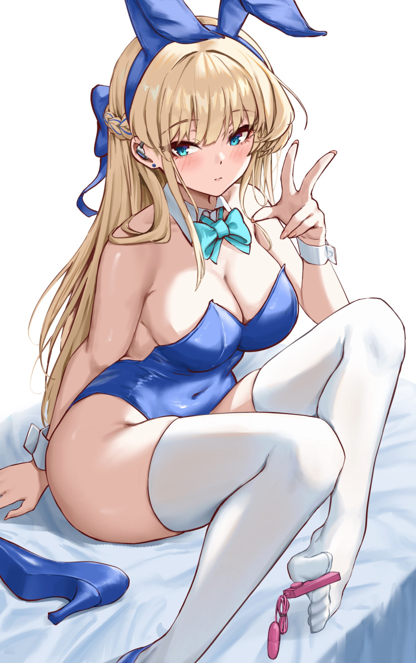 1girl animal_ears ass blonde_hair blue_archive blue_bow blue_eyes blue_footwear blue_leotard blush bow breasts cleavage closed_mouth covered_navel detached_collar duchessofarmeria ear_piercing fake_animal_ears fingernails high_heels highres large_breasts leotard long_hair looking_at_viewer official_alternate_costume piercing rabbit_ears sex_toy simple_background solo strapless strapless_leotard thighhighs toki_(blue_archive) toki_(bunny)_(blue_archive) v vibrator white_background white_thighhighs wrist_cuffs