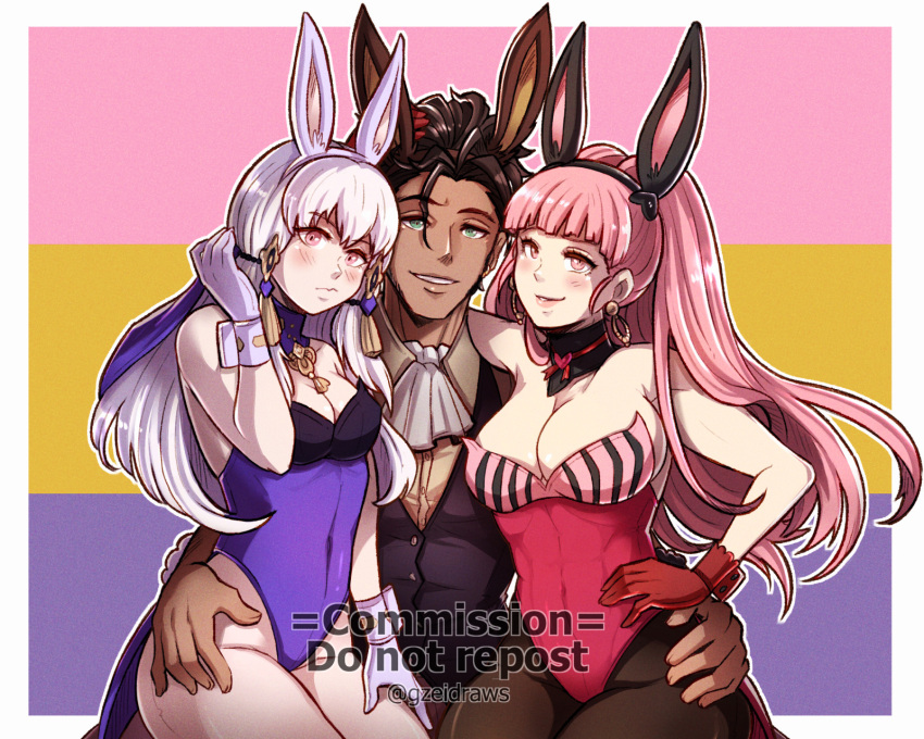 1boy 2girls adapted_costume claude_von_riegan commentary fire_emblem fire_emblem:_three_houses gzei highres hilda_valentine_goneril leotard lysithea_von_ordelia multicolored_background multiple_girls pink_background playboy_bunny purple_background purple_leotard strapless strapless_leotard yellow_background