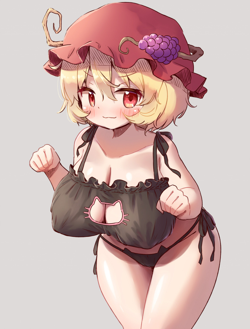 1girl aki_minoriko arinu black_bra black_panties blonde_hair blush bra breasts cat_cutout cat_lingerie cleavage closed_mouth clothing_cutout collarbone cowboy_shot fruit_hat_ornament grape_hat_ornament grey_background hair_between_eyes hat hat_ornament highres large_breasts looking_at_viewer meme_attire mob_cap panties red_eyes red_headwear short_hair simple_background solo touhou underwear