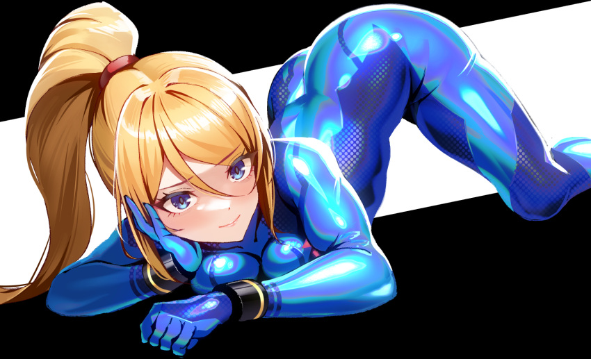 1girl all_fours ass blonde_hair blue_bodysuit blue_eyes blush bodysuit breasts closed_mouth hair_between_eyes highres large_breasts long_hair looking_at_viewer metroid ponytail samus_aran sidelocks solo thighs top-down_bottom-up volyz zero_suit