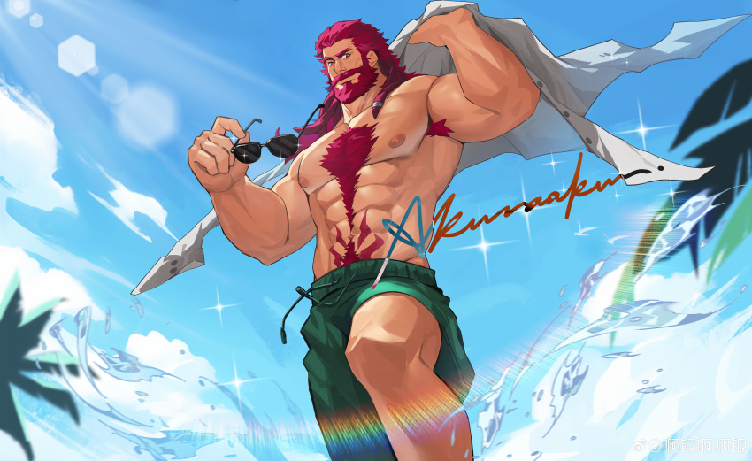 1boy abs absurdres akunaakun_(kunkun586586) bara beard body_fur connected_beard day excessive_armpit_hair facial_hair feet_out_of_frame from_below full_beard highres large_pectorals looking_at_viewer male_focus mature_male medium_hair muscular muscular_male navel nipples original pectorals red_hair solo standing stomach strongman_waist thick_beard thick_chest_hair thick_eyebrows thick_navel_hair topless_male water