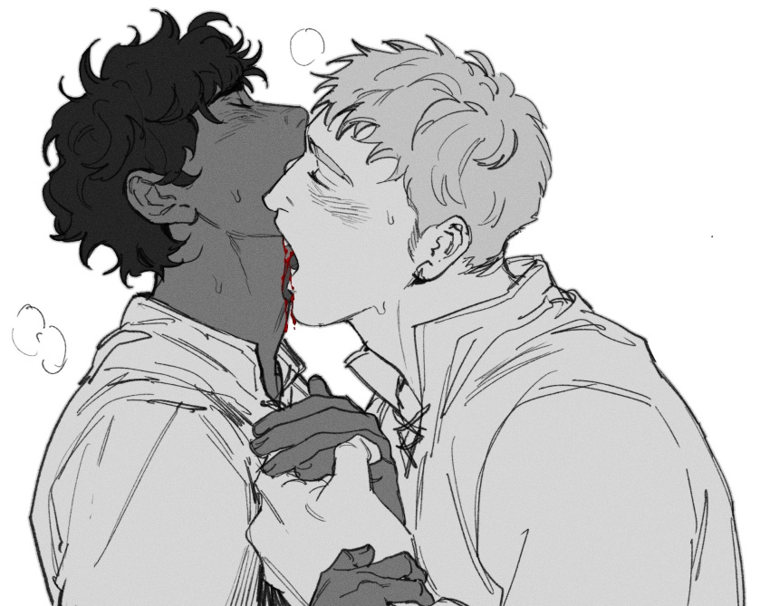 2boys biting blood_drip blush breath closed_eyes couple dark-skinned_male dark_skin dungeon_meshi fangs from_side highres holding_hands kabru laios_thorden licking licking_another's_neck male_focus monochrome multiple_boys neck_biting profile short_hair simple_background spot_color sweat upper_body vdyuong wavy_hair white_background yaoi
