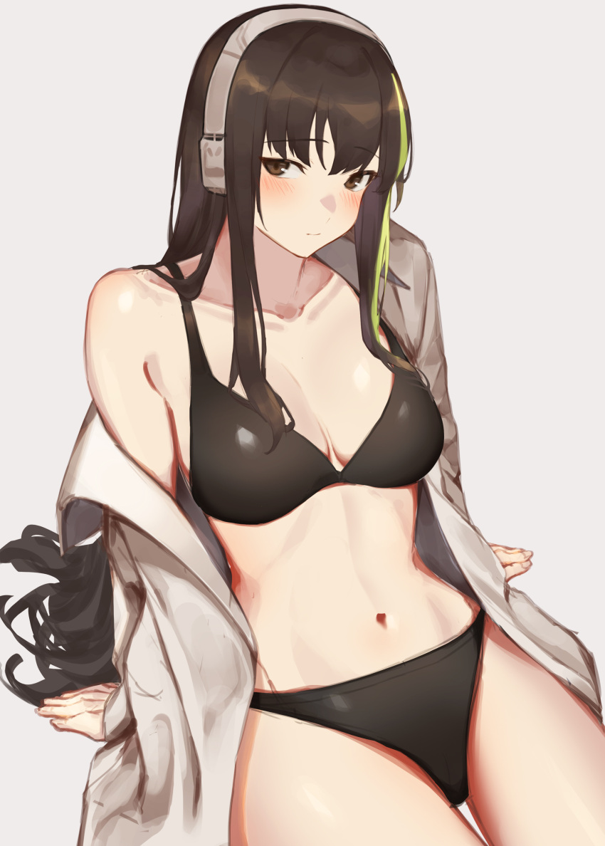 1girl 3_small_spiders absurdres black_bra black_panties bra breasts brown_hair collared_shirt commentary_request girls'_frontline grey_background grey_hair highres linea_alba long_hair long_sleeves looking_at_viewer m4a1_(girls'_frontline) medium_breasts multicolored_hair navel open_clothes open_shirt panties shirt simple_background solo streaked_hair two-tone_hair underwear white_shirt
