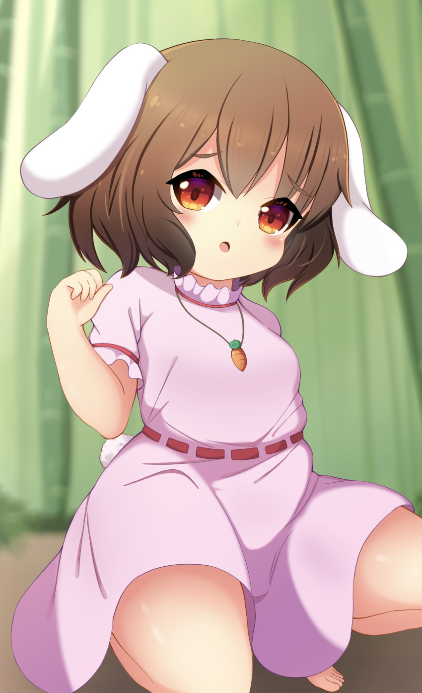 1girl :o animal_ears bamboo bamboo_forest blurry blurry_background blush breasts brown_hair carrot_necklace commentary_request dress floppy_ears forest frilled_sleeves frills full_body highres inaba_tewi jewelry koruk700 looking_at_viewer medium_bangs nature necklace open_mouth orange_eyes pink_dress rabbit_ears rabbit_girl ribbon-trimmed_dress short_hair short_sleeves small_breasts solo squatting touhou