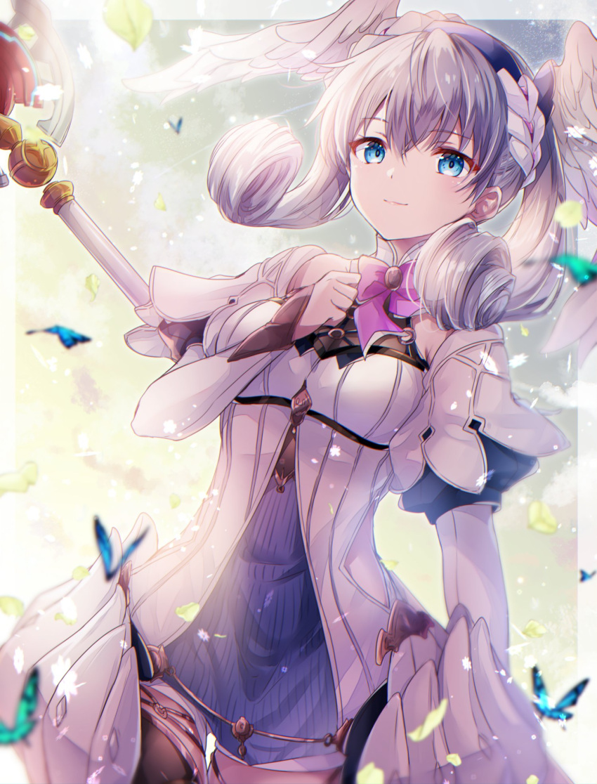 1girl blue_eyes breasts curly_hair dress gloves grey_hair head_wings highres holding holding_staff juliet_sleeves long_sleeves looking_at_viewer melia_antiqua o-ring puffy_sleeves short_dress short_hair smile solo staff ui_frara weapon wings xenoblade_chronicles_(series) xenoblade_chronicles_1