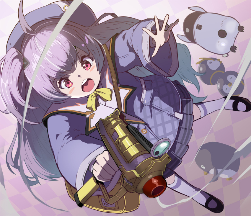 1girl :o ahoge beret bird blush bow bowtie goddess_of_victory:_nikke hair_ornament hat holding holding_weapon jacket long_hair long_sleeves mary_janes open_mouth penguin penguin_chick plaid plaid_skirt pleated_skirt purple_hair purple_jacket red_eyes rei_(nikke) school_uniform shoes skirt socks syope weapon white_socks yellow_bag yellow_bow yellow_bowtie