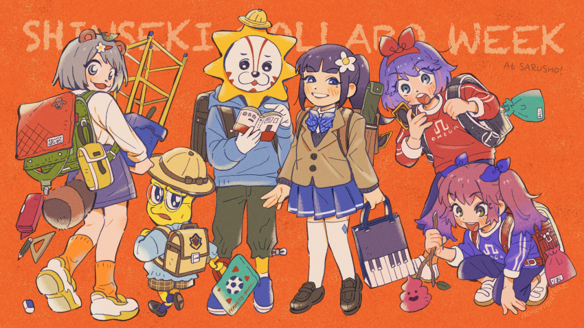 2boys 4girls :3 :o aged_down alternate_costume animal_ears animal_nose aoi_ch. aonori_maeba backpack bag black_bag black_eyes blazer blue_bow blue_bowtie blue_eyes blue_hoodie blue_shirt blue_skirt blunt_bangs blush book bow bowtie briefcase brown_jacket card child colored_skin colored_tips eraser flower flower_pot fuji_aoi glasses grey_eyes grey_hair grin hair_bow hair_flower hair_ornament hairband half-closed_eyes hat heel_up highres holding holding_bag holding_book holding_card holding_flower_pot holding_stick hood hood_down hoodie instrument_case jacket kikunojo_(fuji_aoi) kindergarten_uniform leaf leaf_on_head loafers long_hair long_sleeves looking_back mini_hat mode_aim mole mole_under_eye multicolored_hair multiple_boys multiple_girls multiple_hair_bows omega_rei omega_rio omega_sisters on_one_knee open_bag open_mouth orange_background orange_socks pants peanuts-kun pencil pencil_case plaid plaid_shorts pleated_skirt poking ponpoko_(vtuber) ponytail poop purple_bow purple_hair purple_pants purple_shirt purple_skirt raccoon_ears raccoon_girl raccoon_tail randoseru reading red_bag red_bow red_hairband red_shirt round_eyewear school_briefcase school_hat school_uniform shirt shoes short_hair shorts siblings simple_background sisters skirt smile sneakers socks spilling standing stick striped_bow striped_bowtie striped_clothes tail thighhighs trading_card trellis twintails white_shirt white_thighhighs wide-eyed yellow_skin yu-gi-oh!