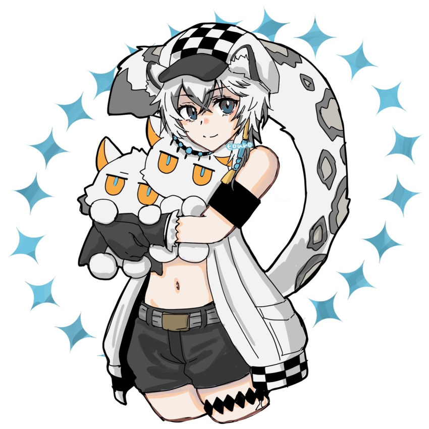 1girl animal_ear_fluff animal_ears arknights artist_name bare_shoulders black_gloves black_shorts blue_eyes cabbie_hat cliffheart_(arknights) closed_mouth commentary_request cropped_legs gloves grey_hair hair_between_eyes hat highres hugging_object jacket leopard_ears leopard_girl leopard_tail looking_at_viewer multicolored_hair navel open_clothes open_jacket pramanix_(arknights) puffy_shorts short_shorts shorts signature simple_background sleeveless sleeveless_jacket smile stuffed_animal stuffed_toy tail touno_(akarino) two-tone_hair white_background white_hair white_headwear white_jacket