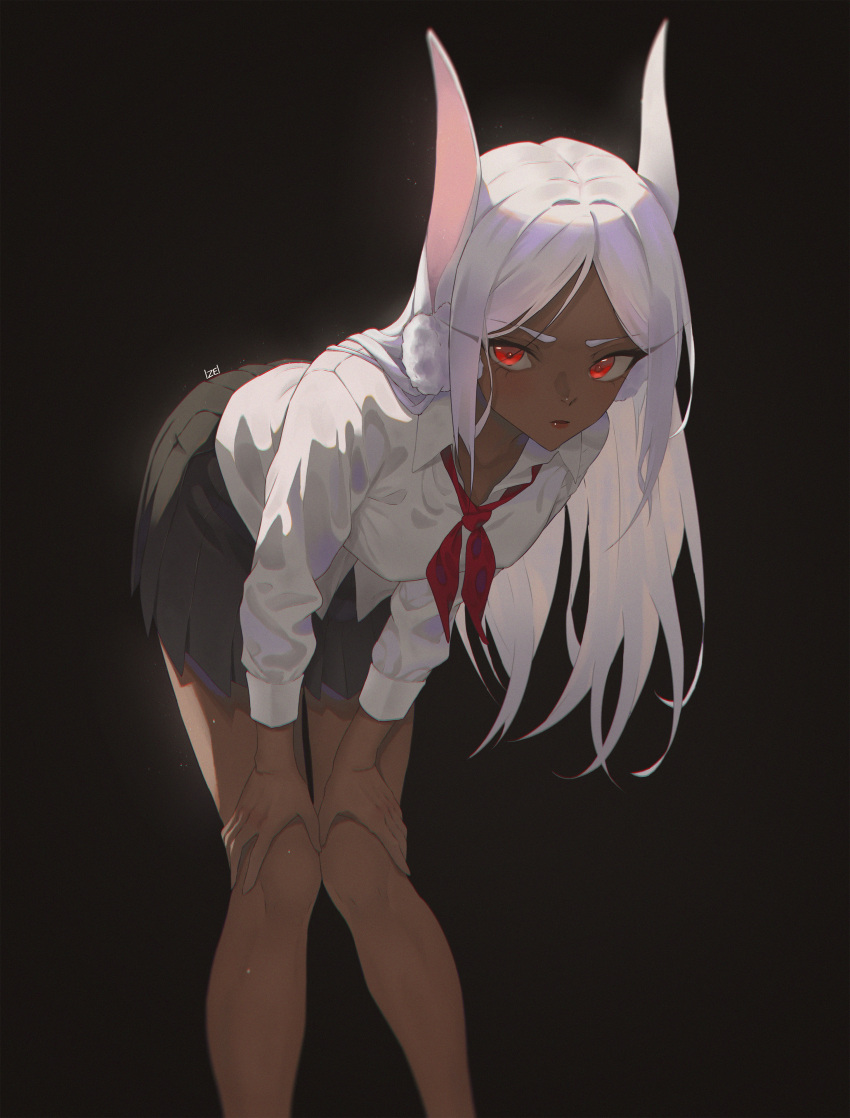 1girl absurdres animal_ears artist_name bare_legs black_background black_skirt boku_no_hero_academia breasts dark-skinned_female dark_skin feet_out_of_frame hands_on_own_knees hanging_breasts highres izei1337 leaning_forward light_particles long_eyelashes long_hair looking_at_viewer medium_breasts mirko neckerchief parted_lips pleated_skirt rabbit_ears rabbit_girl red_eyes red_neckerchief school_uniform shirt skirt solo white_hair white_shirt
