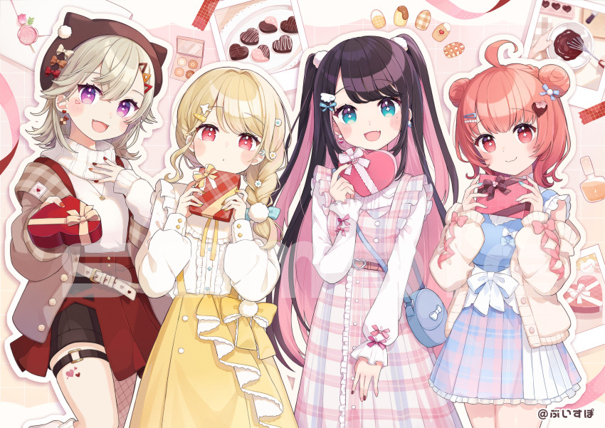 4girls ahoge black_hair blonde_hair blue_eyes blush bow braid breasts chocolate chon_(chon33v) copyright_notice double_bun grey_hair hair_bun hair_ornament highres holding kaga_nazuna kogara_toto komori_met long_hair looking_at_viewer multicolored_hair multiple_girls open_mouth pink_hair purple_eyes red_eyes sample_watermark smile solo virtual_youtuber vspo! watermark yumeno_akari