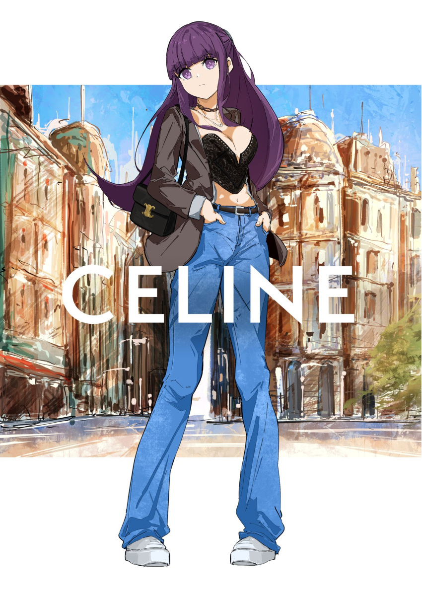 1girl alternate_costume bag black_bag black_corset blue_pants blunt_bangs breasts brown_jacket chain_necklace cleavage contemporary corset denim expressionless fashion fern_(sousou_no_frieren) full_body hashtag_only_commentary highres jacket jeans jewelry large_breasts letterboxed long_hair looking_at_viewer midriff navel necklace open_clothes open_jacket outside_border pants purple_eyes purple_hair shoes shoulder_bag sneakers solo sousou_no_frieren standing t.k.c white_footwear