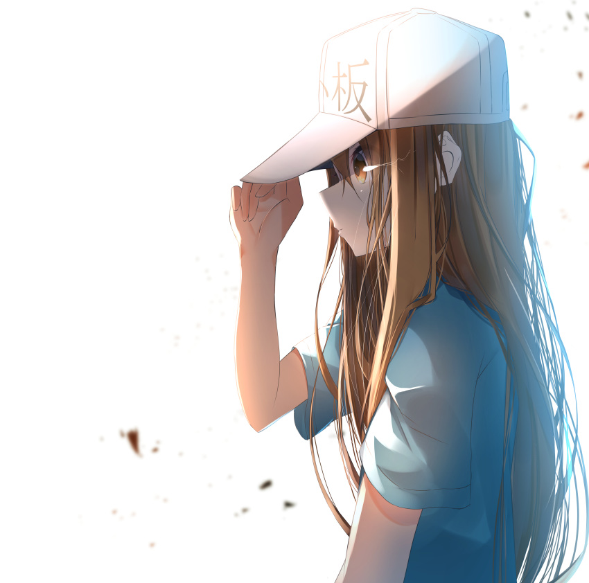 1girl absurdres bangs blue_shirt blurry blurry_background brown_eyes brown_hair character_name clothes_writing commentary_request depth_of_field eyes_visible_through_hair flat_cap hair_between_eyes hand_on_headwear hand_up hat hataraku_saibou highres long_hair looking_away platelet_(hataraku_saibou) profile shirt short_sleeves simple_background solo suisen-21 upper_body very_long_hair white_background white_hat