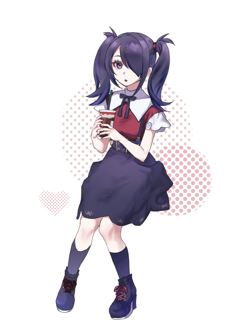 1girl ame-chan_(needy_girl_overdose) black_footwear black_hair black_ribbon black_skirt black_socks collared_shirt commentary_request cup disposable_cup full_body hair_ornament hair_over_one_eye highres holding holding_cup invisible_chair long_hair looking_at_viewer neck_ribbon needy_girl_overdose open_mouth purple_eyes red_shirt ribbon shirt shoes sitting skirt socks solo suspender_skirt suspenders tonabe twintails x_hair_ornament