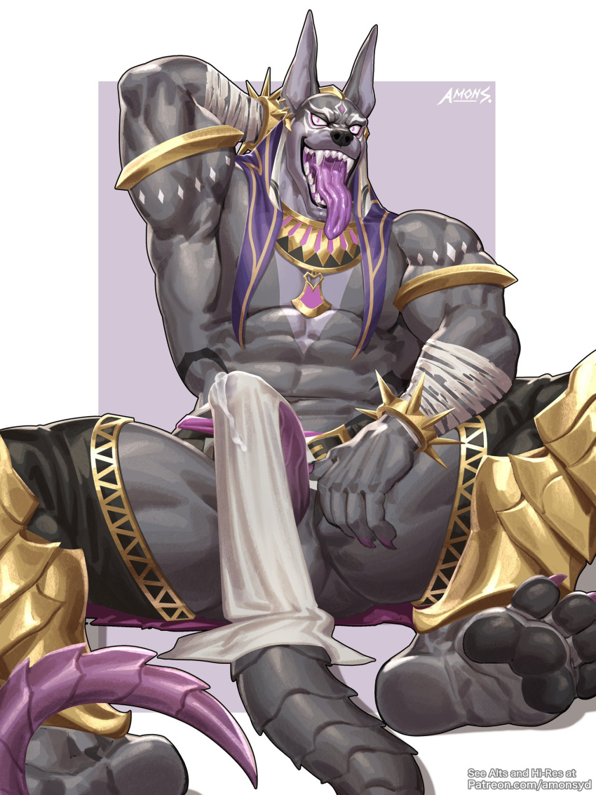 abs amon-sydonai another_eidos_of_dragon_vein_r anthro anubian_jackal balls biceps bodily_fluids canid canine canis clothing genital_fluids genitals hi_res jackal jalam_(anothereidos_r) male mammal muscular muscular_anthro muscular_male pawpads pecs penis precum precum_through_clothing precum_through_underwear saliva saliva_string sharp_teeth solo teeth tongue tongue_out underwear vein veiny_penis wet wet_clothing
