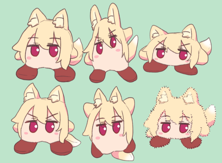 animal_ears expressions fox_ears fox_tail green_background kemomimi-chan_(naga_u) multiple_views naga_u no_mouth original red_eyes simple_background tagme tail