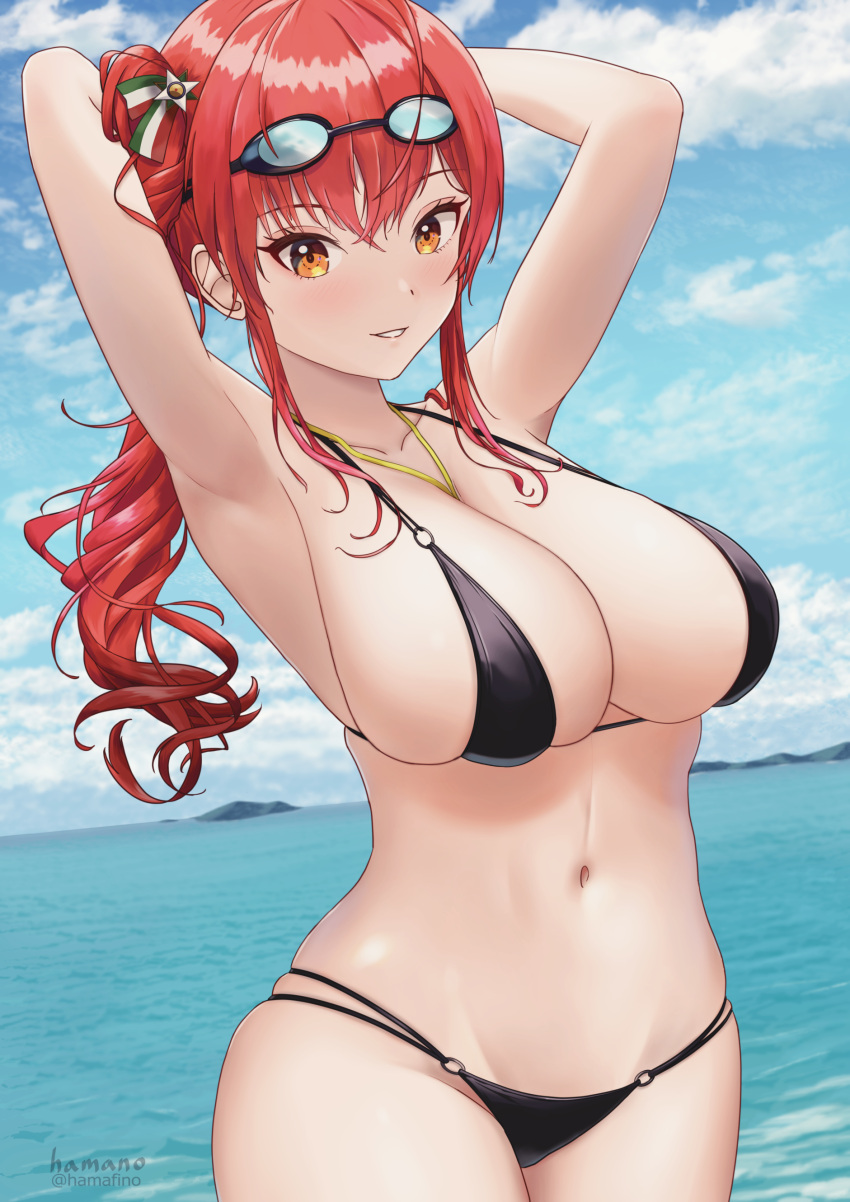 1girl absurdres arms_behind_head artist_name azur_lane between_breasts bikini black_bikini breasts collarbone cowboy_shot dutch_angle goggles goggles_on_head hamano_(hamafino) highres italian_flag large_breasts long_hair looking_at_viewer navel o-ring o-ring_bikini official_alternate_costume red_hair side_ponytail skindentation solo swimsuit water whistle whistle_around_neck yellow_eyes zara_(azur_lane) zara_(poolside_coincidence)_(azur_lane)