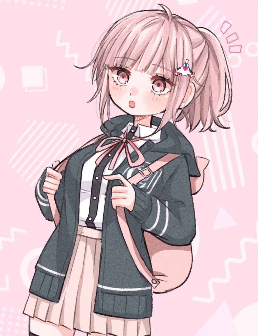 1girl :o alternate_hairstyle bag breasts brown_hair collared_shirt danganronpa_(series) danganronpa_2:_goodbye_despair flipped_hair galaga hair_ornament highres holding_strap hood jacket long_sleeves looking_at_viewer medium_hair mugi_cha_(mg_sbci) nanami_chiaki neck_ribbon open_clothes open_jacket pink_eyes pleated_skirt ponytail ribbon shirt skirt smile solo white_shirt