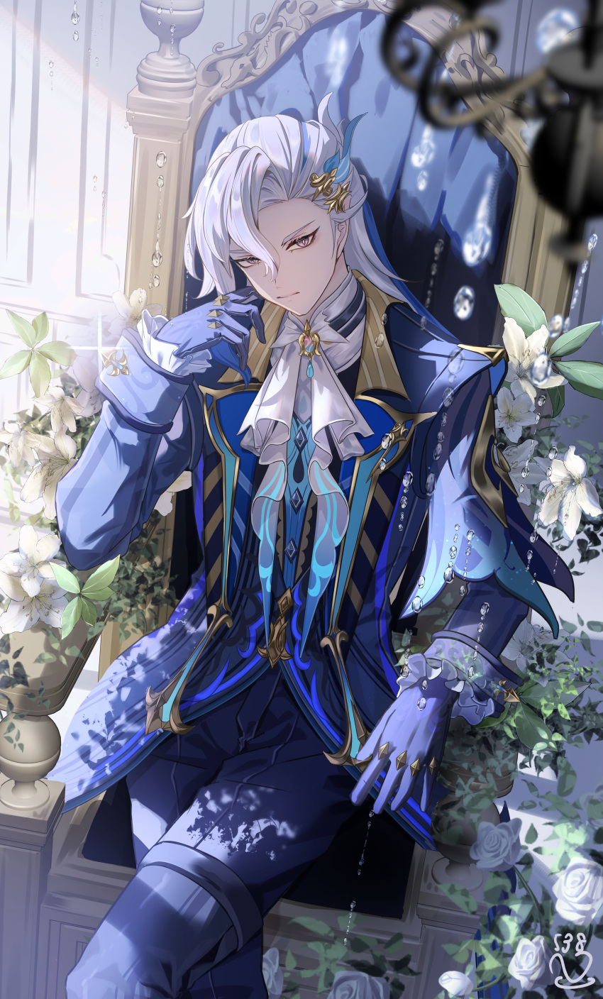 1boy absurdres ascot asymmetrical_bangs blue_coat blue_eyeshadow blue_gloves blue_hair blue_pants blurry blurry_foreground brooch buttons chair chandelier closed_mouth coat commentary_request crossed_legs eyelashes eyeshadow flower frilled_sleeves frills genshin_impact glint gloves gold_trim hair_between_eyes hair_ornament hand_up head_rest highres indoors jewelry komiya_latte lapels leaf lily_(flower) long_hair long_sleeves looking_at_viewer makeup male_focus multicolored_hair neuvillette_(genshin_impact) on_chair pants parted_bangs plant pointy_ears purple_eyes rose serious sitting sleeve_cuffs solo streaked_hair white_ascot white_flower white_hair white_rose